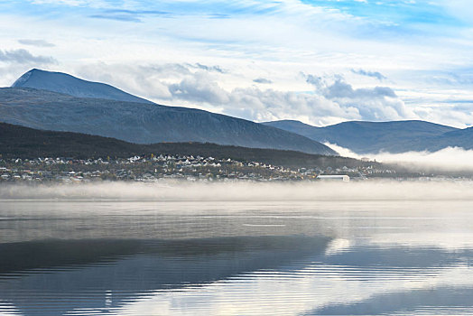 模糊,雾,上方,湖,特罗姆瑟,挪威