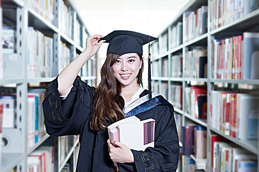 亚洲女性,学生,拿着,书本,穿,学习,服装,图书馆