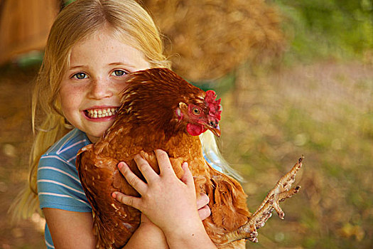 微笑,女孩,搂抱,鸡