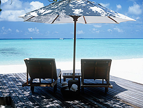 平台,椅子,遮阳伞,海洋