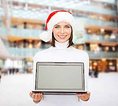 圣诞节,科技,寒假,人,概念,微笑,女人,圣诞老人,帽子,留白,显示屏,笔记本电脑,上方,购物中心,背景