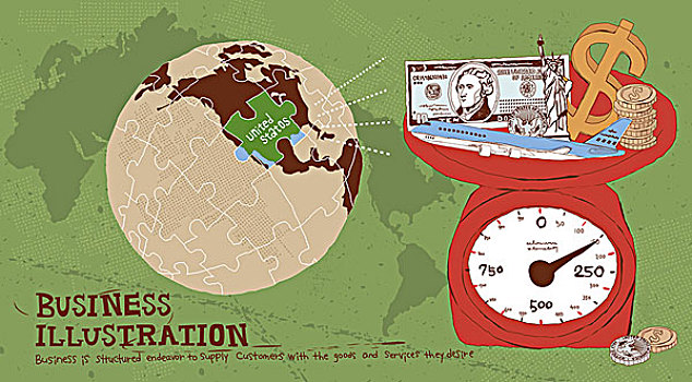 插画,地球,钱,飞机,秤