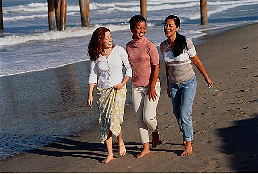 三个女人,走,海滩