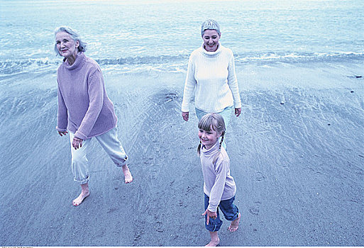 祖母,孙女,海滩