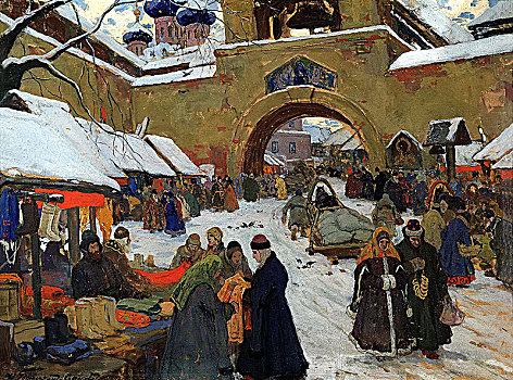 市场,白天,老,俄罗斯人,城镇,20世纪10年代,艺术家
