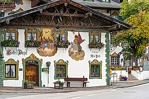 壁画,圣三一教堂,酒店,柱子,韦尔登费尔斯,上巴伐利亚,巴伐利亚,德国,欧洲