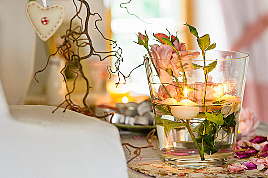 桌子,安放,玫瑰,浮水蜡烛