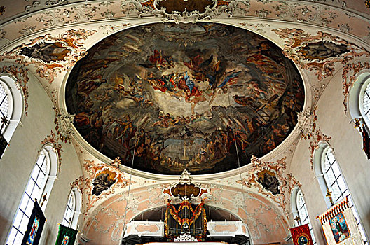 天花板,描绘,巴洛克,器官,教区,教堂,彼得和保罗,风格,米滕瓦尔德,上巴伐利亚,巴伐利亚,德国,欧洲