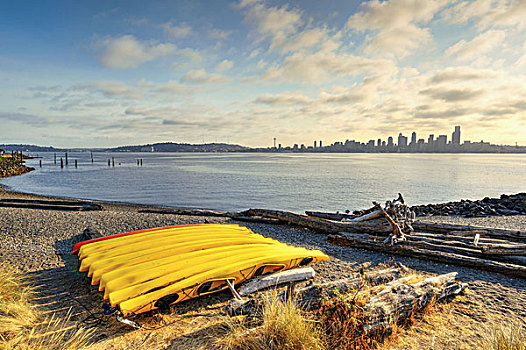 独木舟,西雅图,天际线,水岸