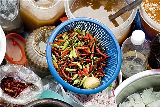 泰国,曼谷,特写,碗,辣椒,酱,街道,食品摊