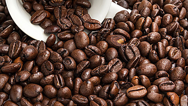 堆积,咖啡豆,杯子,咖啡,背景