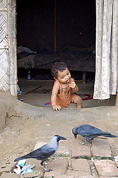 婴儿,玩,门阶,家,贫民窟,孟加拉,2008年