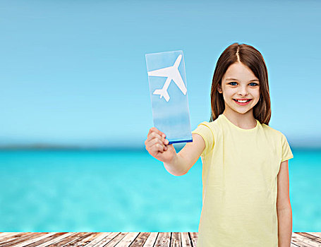 旅行,假日,度假,孩子,运输,概念,微笑,小女孩,机票