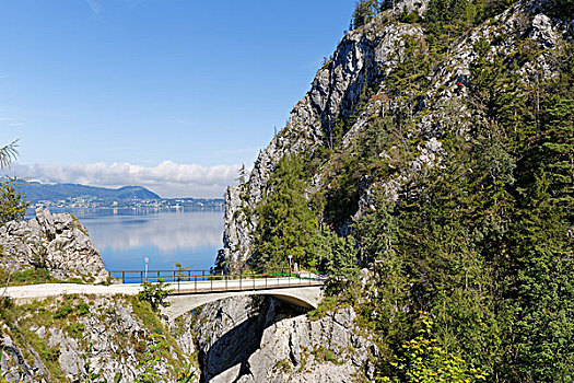 桥,山,湖,格蒙登,萨尔茨卡莫古特,区域,上奥地利州,奥地利,欧洲