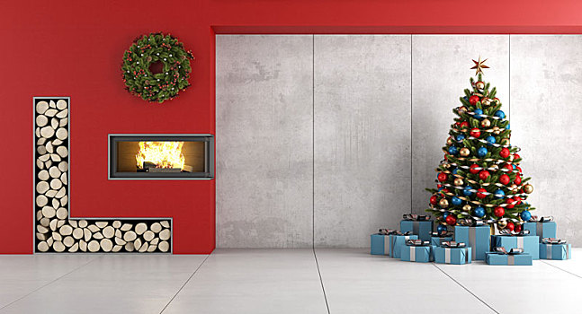 简约,客厅,壁炉,圣诞树
