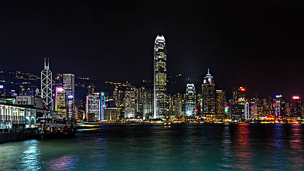 维多利亚港,天际线,两个,国际金融中心,塔楼,星,渡轮,夜晚,尖沙嘴,九龙,香港,中国