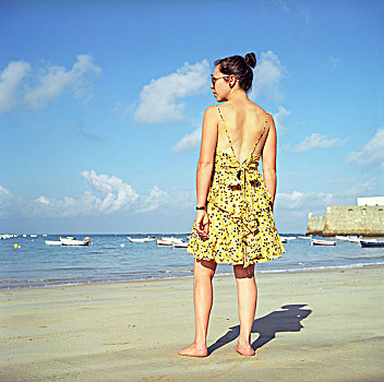 女人,海滩,西班牙