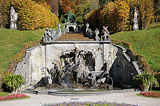 音乐,亭子,海王星喷泉,花园,城堡,林德霍夫堡,宫殿,巴伐利亚,德国,欧洲
