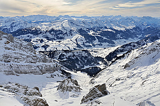 风景,山,冬天,山谷,阿尔卑斯山,背影,阿彭策尔,瑞士,欧洲