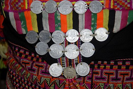 历史,老挝,硬币,缝纫,装饰,传统服装,女人,阿卡族,种族,禁止,省,东南亚