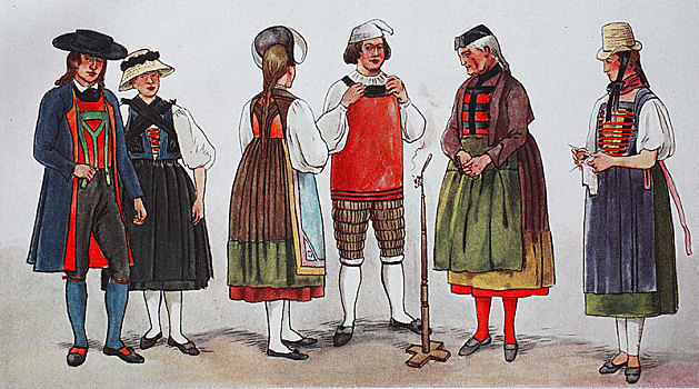 人,传统服装,时尚,衣服,德国,服饰,黑森林,19世纪,插画,欧洲