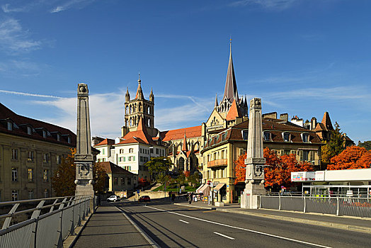 大教堂,圣母院,风景,桥,洛桑,沃州,瑞士,欧洲
