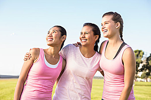 三个,笑,女人,穿,粉色,乳腺癌
