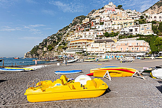 黄色,脚踏船,砾石滩,乡村,波西塔诺,阿马尔菲海岸,坎帕尼亚区,意大利