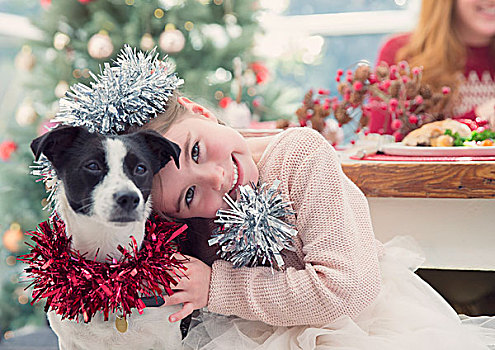 头像,微笑,女孩,搂抱,狗,圣诞装饰