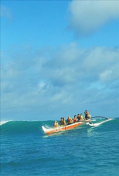 夏威夷,舷外支架,独木舟,骑,海浪
