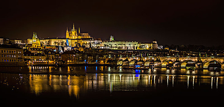 夜景,布拉格,摩尔多瓦,查理大桥,大教堂,布拉格城堡,拉德肯尼,历史,中心,波希米亚,捷克共和国,欧洲