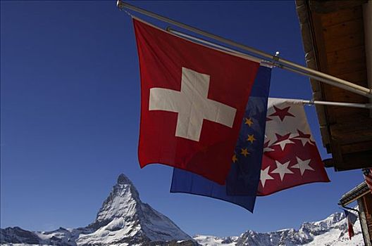 瑞士,欧洲,旗帜,山区木屋,背影,马塔角,策马特峰,沃利斯,瓦莱