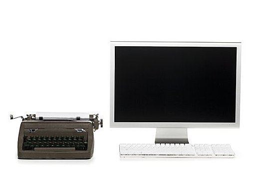 老,打字机,现代,电脑