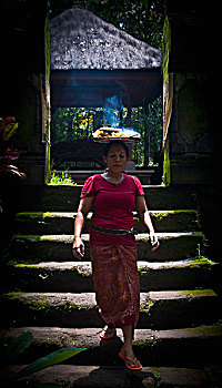 女人,盘子,热,食物,顶着,乌布,巴厘岛,印度尼西亚