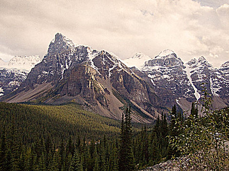 远景,雪冠,山峦,落基山脉,加拿大