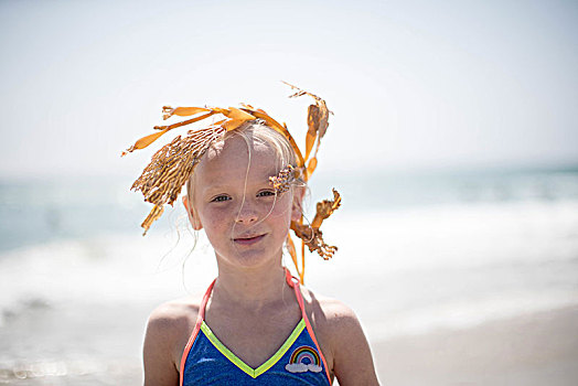 女孩,穿,海草,发饰,海滩,佛罗里达