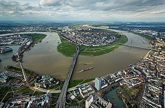 莱茵河,洪水,桥,杜塞尔多夫,莱茵兰,北莱茵威斯特伐利亚,德国,欧洲
