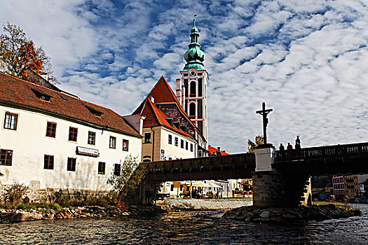 教堂,伏尔塔瓦河,克鲁姆洛夫,世界遗产,南,波希米亚,捷克共和国,欧洲