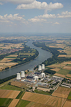 航拍,比布里斯,核能,植物,莱茵河,黑森州,德国,欧洲