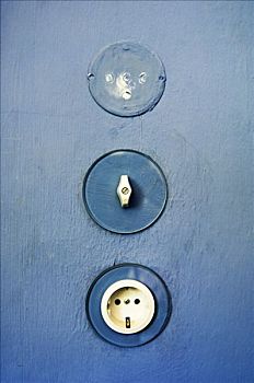 电灯开关,插座,蓝色,墙,德绍,德国