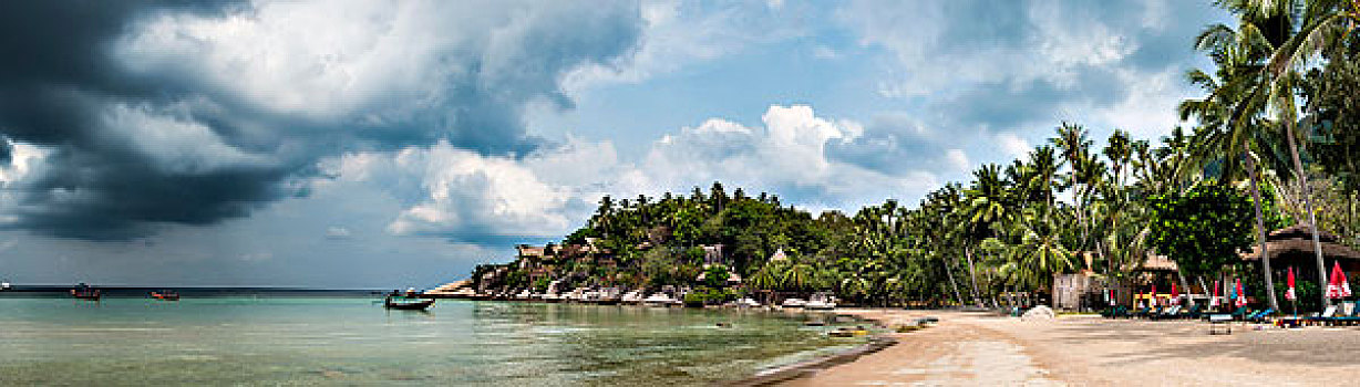 沙滩,棕榈树,蓝绿色海水,乌云,海滩,龟岛,海湾,泰国,亚洲