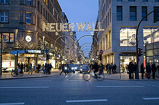 德国,汉堡市,风景,伊恩芬施迪克,新,壁,购物街,圣诞装饰,黃昏,欧洲,城镇,中心,城市,街道,街景,旅游,人,路人,骑车,行人,压力,忙乱,急促,急速,圣诞节,时期
