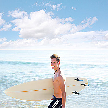 冲浪,英俊,男孩,青少年,冲浪板,海岸