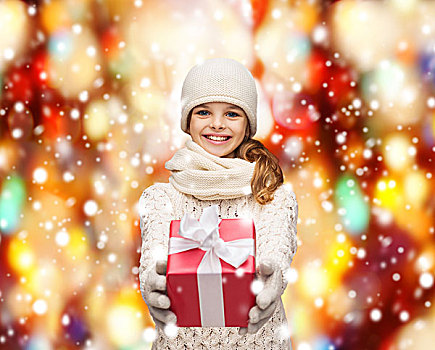 圣诞节,冬天,高兴,概念,微笑,女孩,帽子,围巾,手套,礼盒