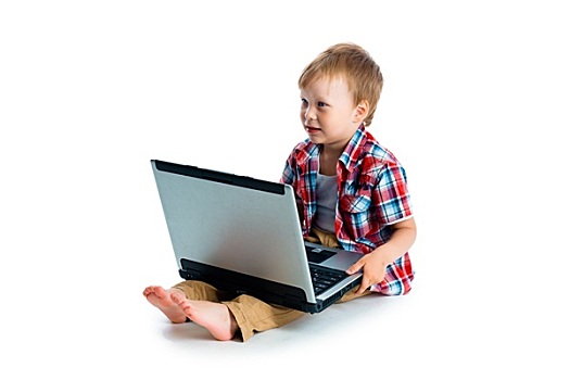 小,蓝眼睛,男孩,笔记本电脑,白色背景