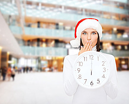 圣诞节,时间,冬天,人,概念,微笑,女人,圣诞老人,帽子,钟表,展示,上方,购物中心,背景