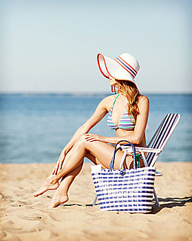 暑假,度假,女孩,涂抹,防晒,乳霜,沙滩椅