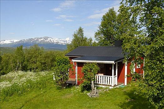 孤单,红色,木屋,质朴,风景,靠近,国家公园,拉普兰,瑞典