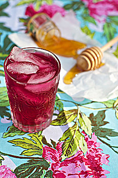 玻璃杯,蓝莓,冰茶,冰,舀蜜器,背景