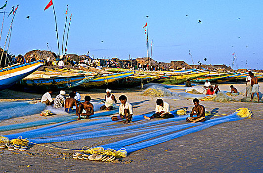 捕鱼者,修理,网,海滩,奥里萨帮,印度,亚洲